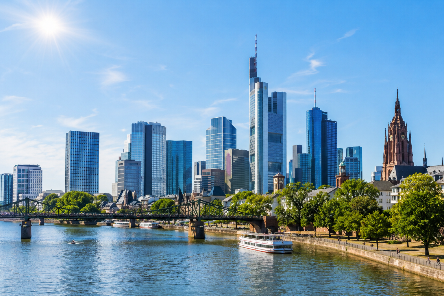 Skyline von Frankfurt am Main bei sonnigem Wetter für eine Brandschutzhelfer Inhouse Schulung der Kuhp Akademie