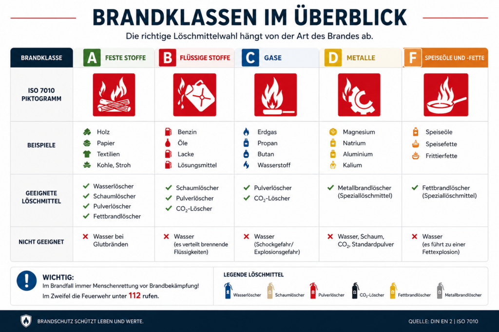 Brandklassen nach DIN EN 2 Übersicht der Brandklassen A, B, C, D und F nach DIN EN 2 mit den jeweiligen brennbaren Stoffen und geeigneten Feuerlöschern.