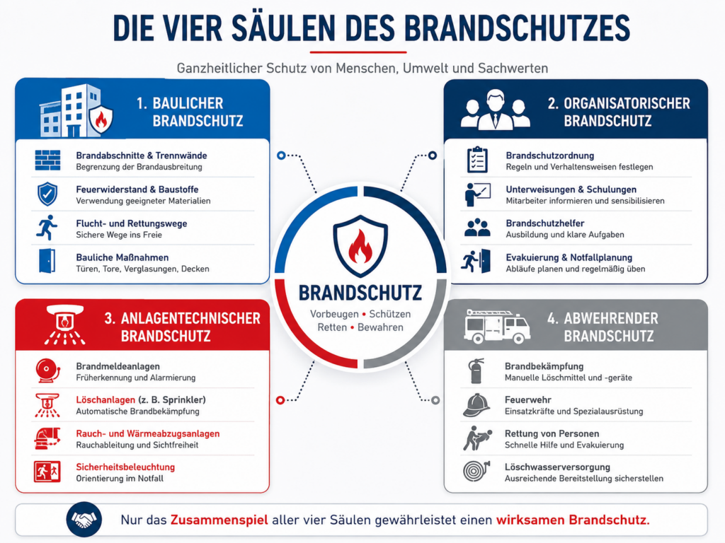 Infografik der vier Säulen des Brandschutzes mit baulichem, organisatorischem, anlagentechnischem und abwehrendem Brandschutz sowie den wichtigsten Maßnahmen.